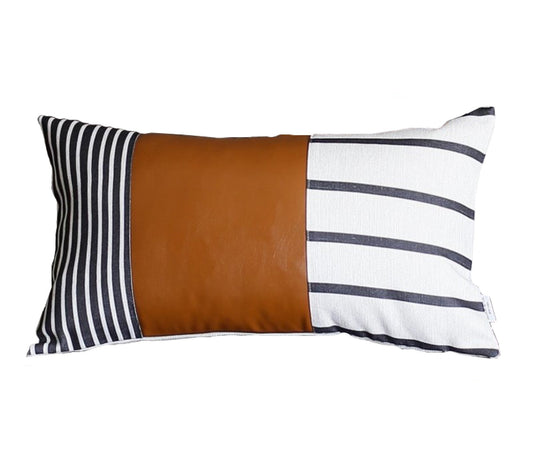 Geometric Brown Faux Leather and Stripes Lumbar Pillow Cover