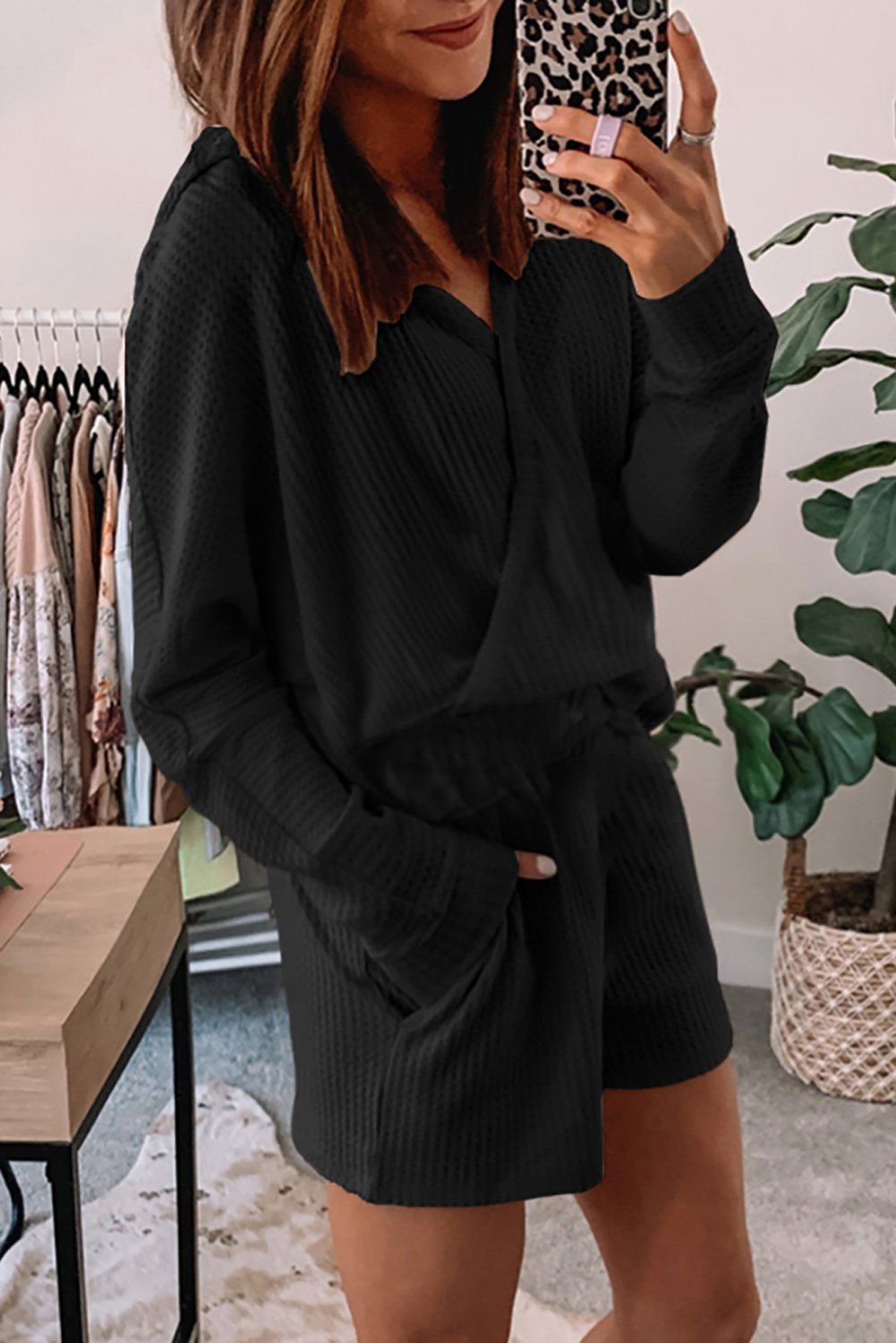 Waffle Texture V Neck Long Sleeve Hoodie & Shorts Two-Piece Loungewear