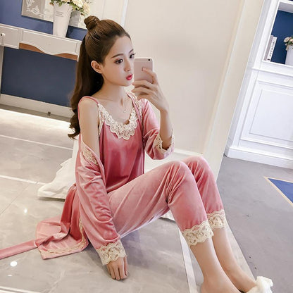 Gold Velvet Pajamas Long-Sleeved Cardigan Camisole Lace Trousers Home