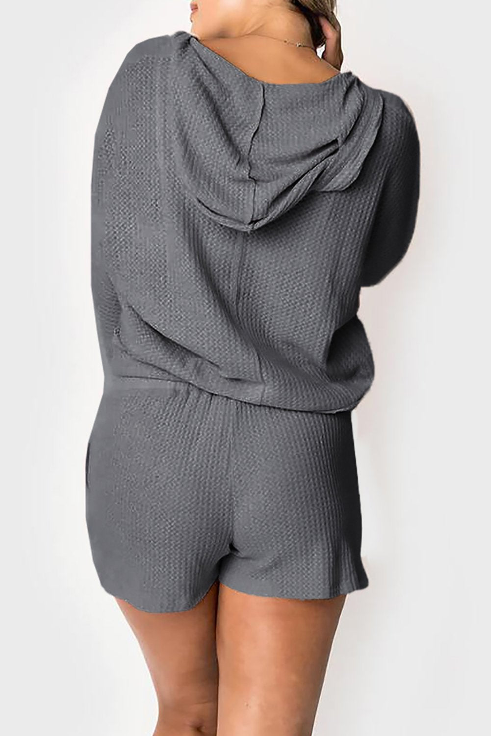 Waffle Texture V Neck Long Sleeve Hoodie & Shorts Two-Piece Loungewear