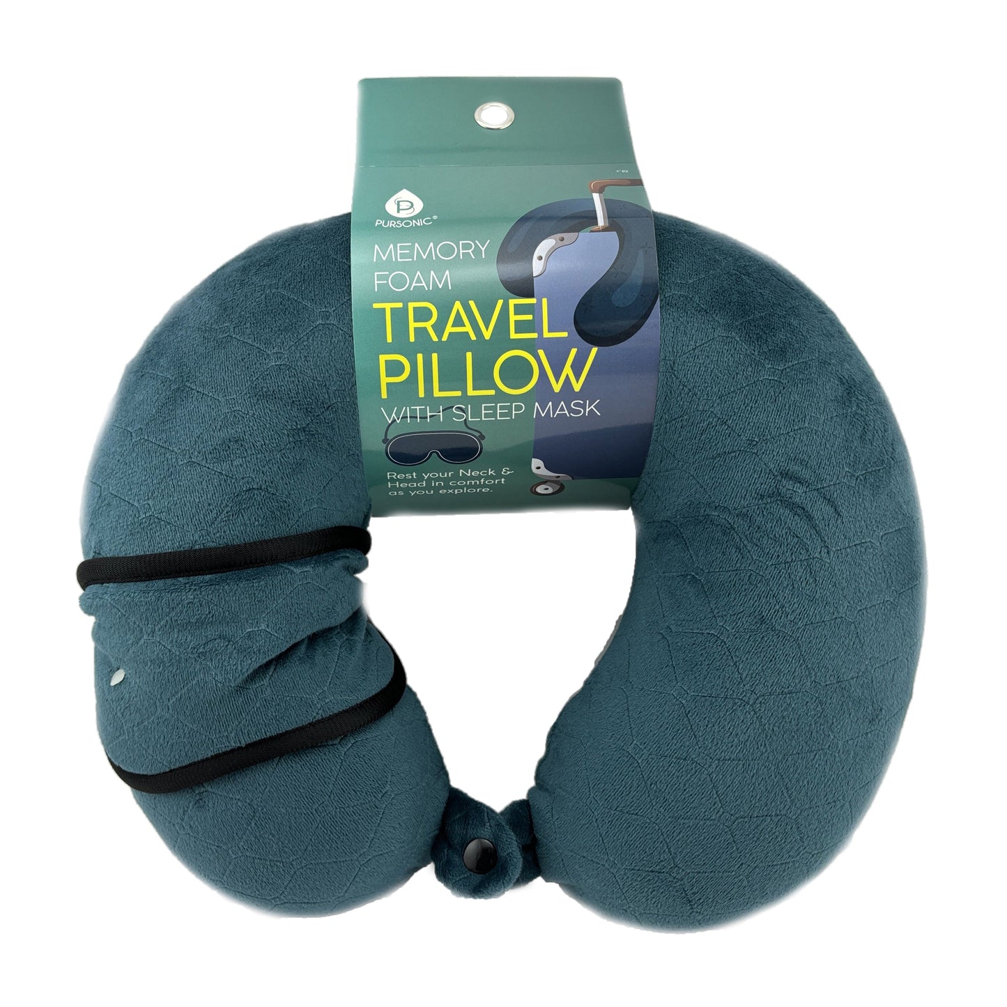 travel pillow in green with sleep mask