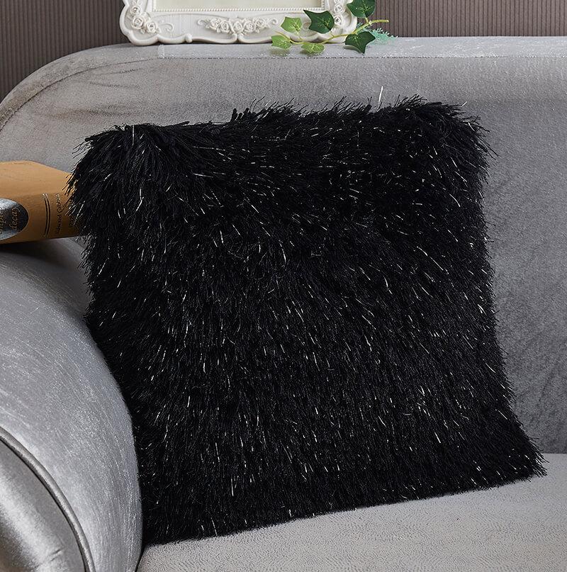 Decorative Shaggy Pillow with Lurex in Black