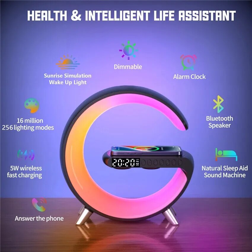 Multifunctional Wireless Charger Stand Pad Alarm Clock Speaker RGB