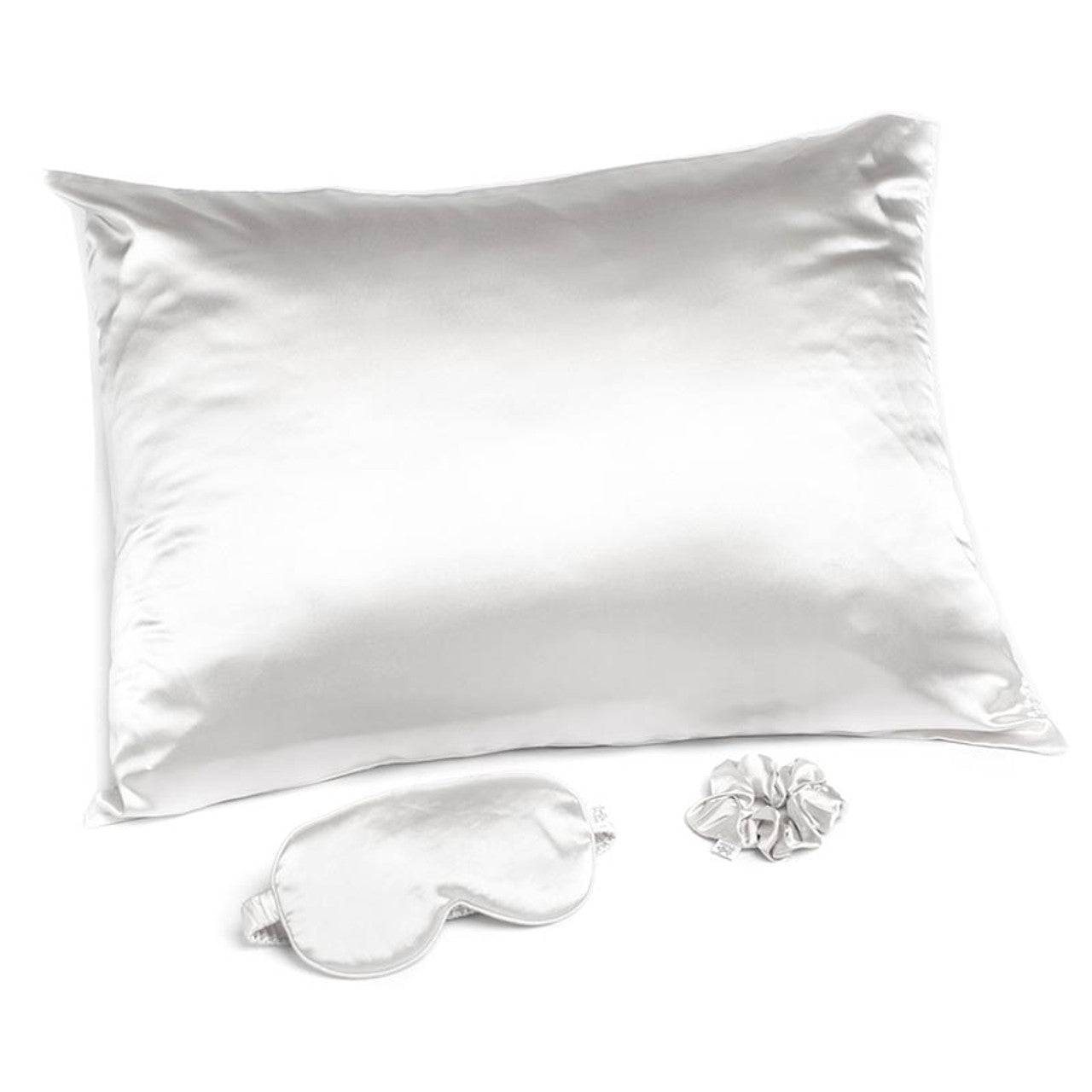 white satin pillow, face mask and scrunchie set