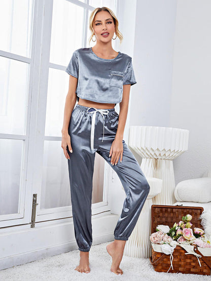 Satin Short Sleeve Long Pajama Pants Homewear Set